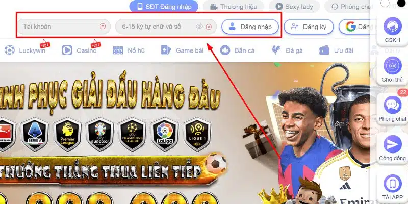 Giao diện đăng nhập vào không gian cá cược của Luck8